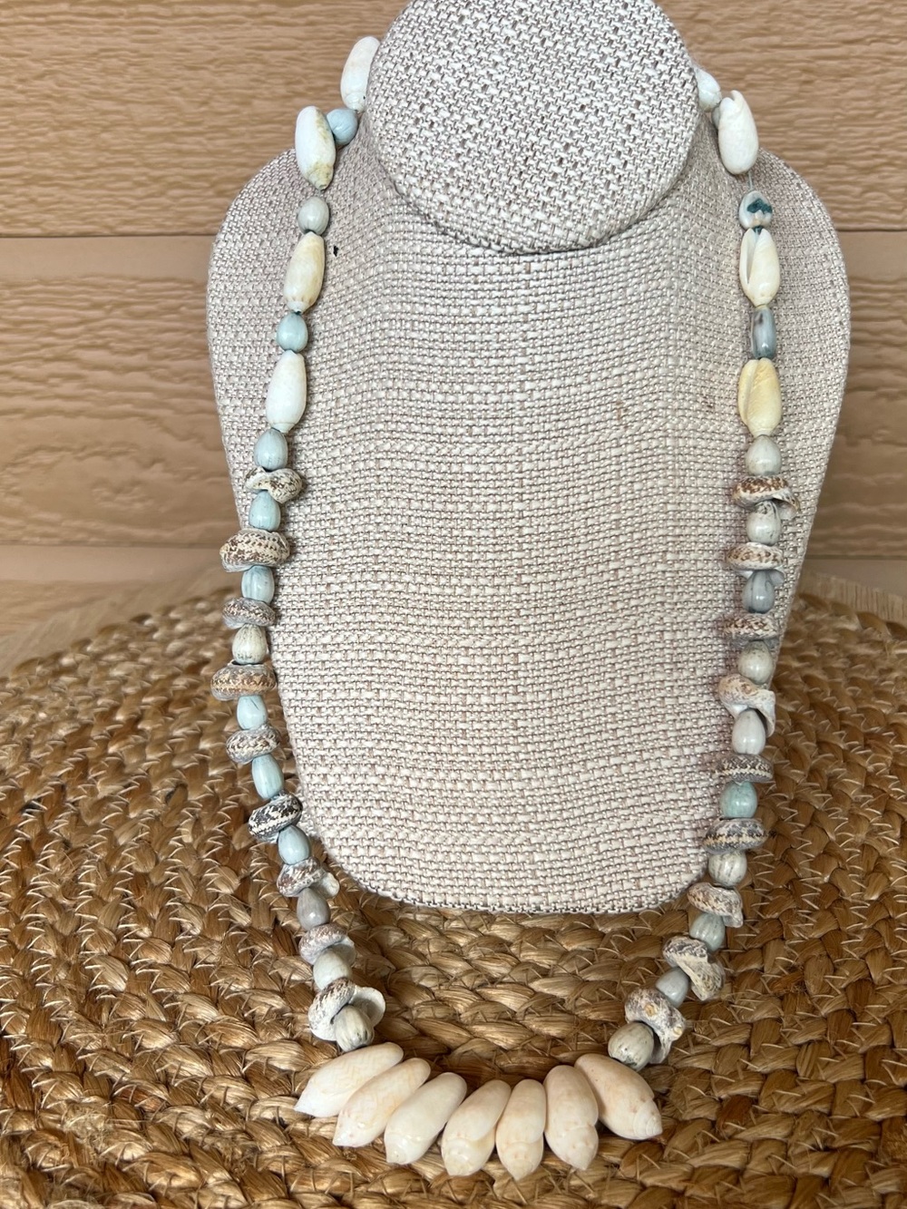 Natural Shell and Bead Statement Necklace in Cream and Light Blue